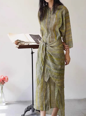 现货 Corta同源苎麻深圳南油春夏新款印花度假连衣裙中长裙