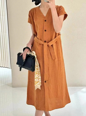 现货ICIC小禾同源亚麻深圳南油2025夏新款亚麻平纹长款连衣裙