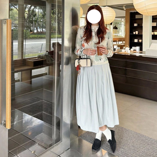 现货SW同款棉混纺灰绿色压褶半身裙女2026春季新款A摆松紧腰长裙