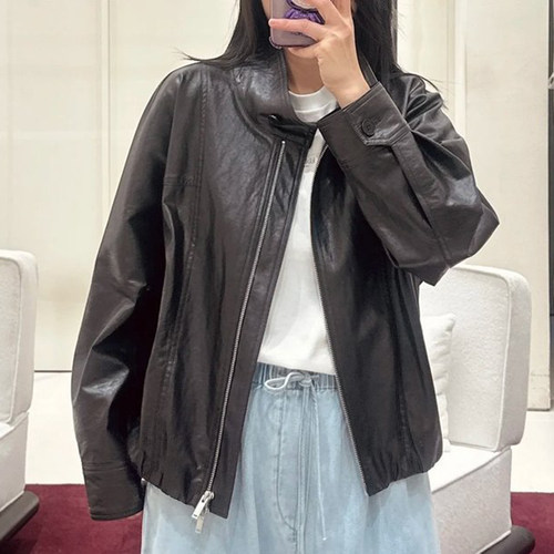 现货ED同源女装新款PU皮帅气立领短款夹克外套
