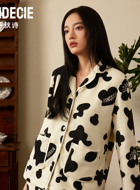 芬狄诗商场同款睡衣女珊瑚绒印花宽松翻领舒适家居服套装FL00475