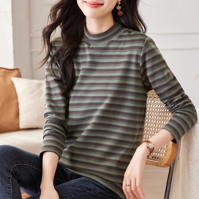德绒打底衫女秋冬装2025年新款条纹半高领长袖t恤大码百搭上衣服