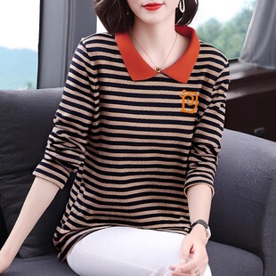 胖mm遮肚子打底衫 纯棉条纹上衣女装 t恤大码 妈妈长袖 2025秋冬新款