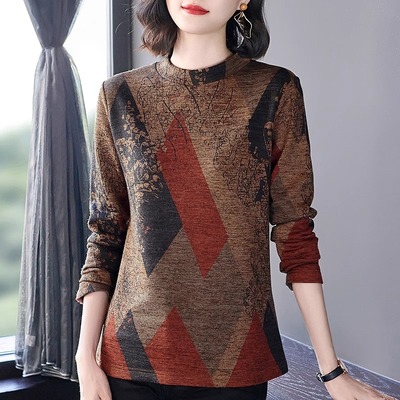 加绒打底衫女装2023秋冬新款半高领妈妈长袖t恤大码保暖内搭上衣