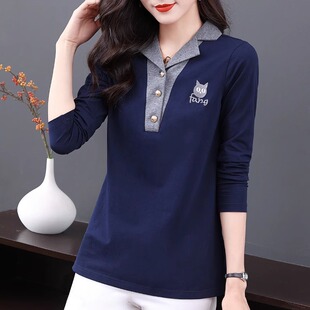 t恤女装 宽松打底衫 2023春秋新款 中长款 妈妈翻领上衣大码 纯棉长袖