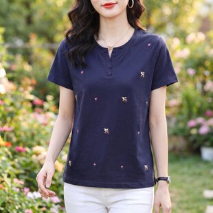 纯棉刺绣短袖t恤女夏新款中年妈妈体恤衫大码胖mm百搭女士上衣服