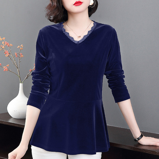 金丝绒打底衫女2025春秋新款洋气v领长袖t恤大码中长款内搭上衣服