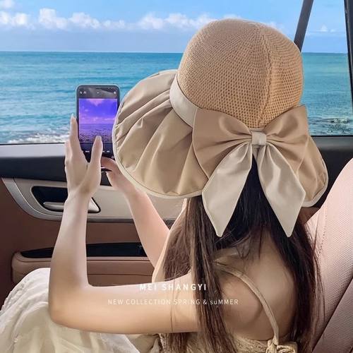2024新款蝴蝶结帽子女夏遮阳防紫外线渔夫帽遮脸黑胶太阳帽大帽檐