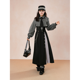 【十字颂歌】2025秋季条纹哥特显瘦衬衫十字腰封装饰不对称套装裙