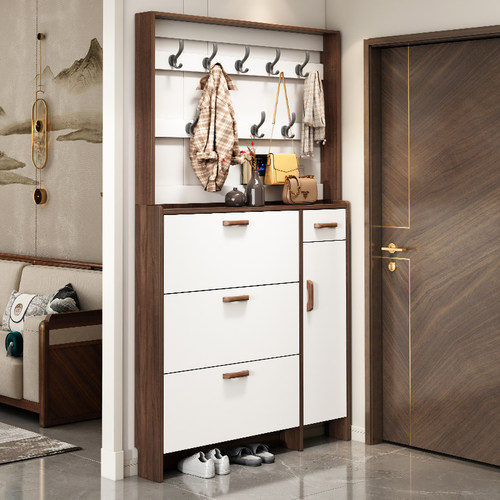 实木超薄翻斗鞋柜带挂衣架门厅柜胡桃色家用门口进门收纳窄鞋架