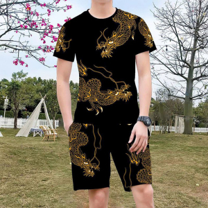 新款无感印花短袖短裤套装圆领潮流t恤男士休闲金龙鹰图案两件套