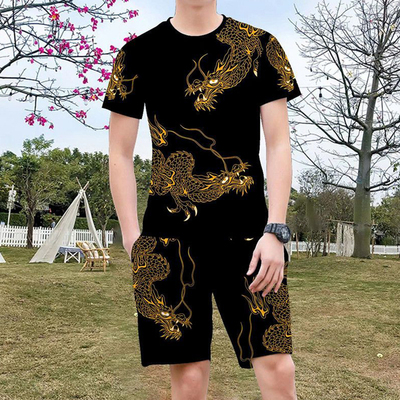 新款冰丝印花短袖短裤套装圆领潮流t恤男士休闲金龙鹰图案两件套