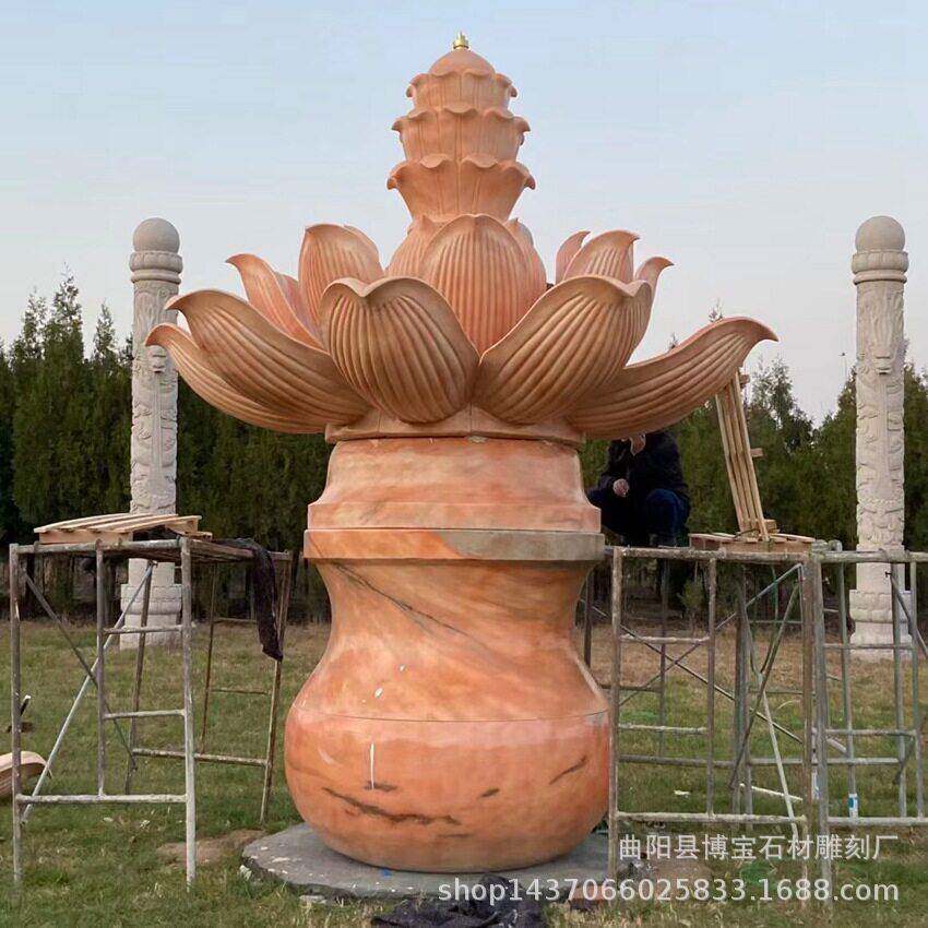 晚霞红石雕喷泉 户外大理石葫芦形状莲花瓣水泊流水雕塑 厂家优惠