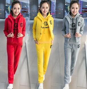 矮个子秋冬季少女装学生加绒加厚运动卫衣运动风三件套装宽松大码