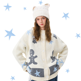 老玛儿春季趣味提花针织开衫2025年新款宽松百搭毛衣休闲外套上衣