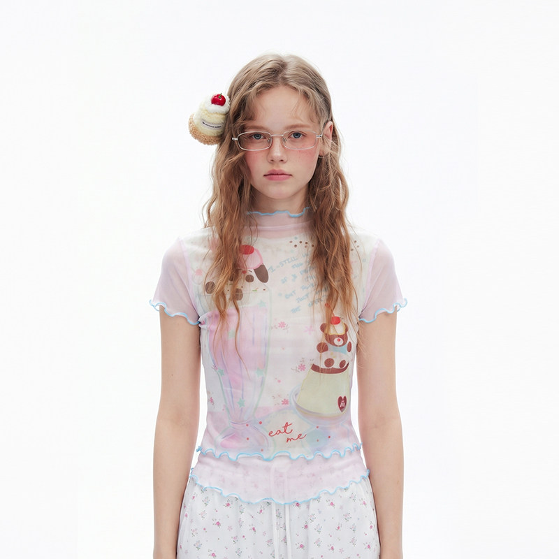 MASOOMAKE 夏季印花网纱短袖2026年新款修身显瘦薄款T恤辣妹上衣