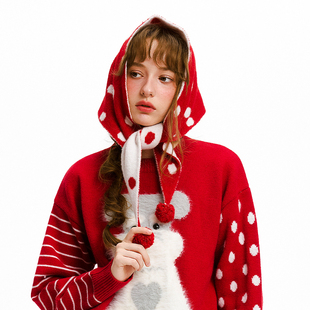 老玛儿2025年冬季新款可爱波点三角头巾百搭装饰披肩红色圣诞头饰