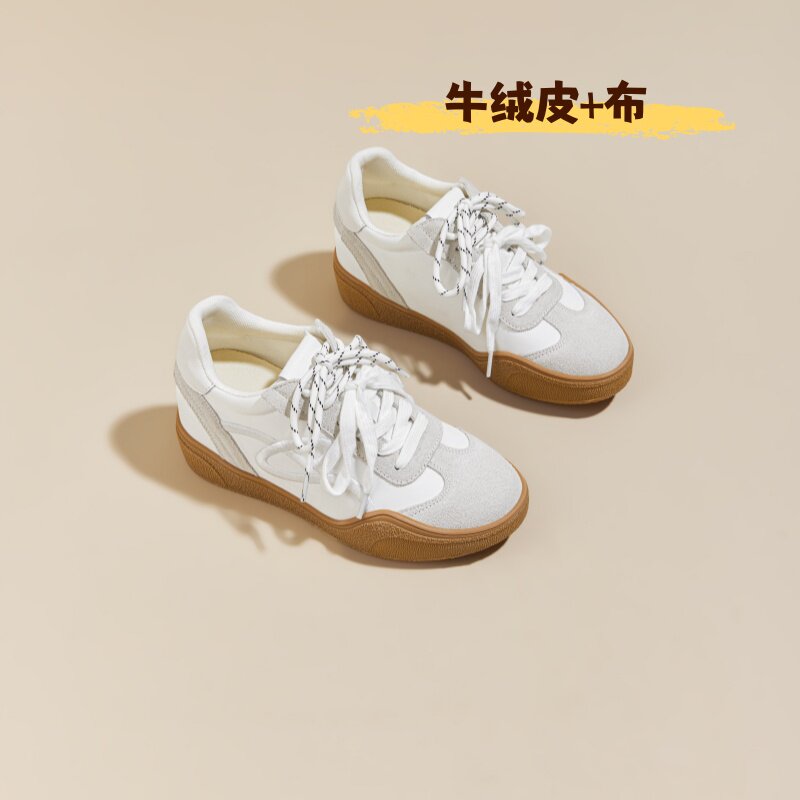 真皮内增高德训鞋女新款厚底双色系带休闲运动鞋百搭板鞋小白鞋