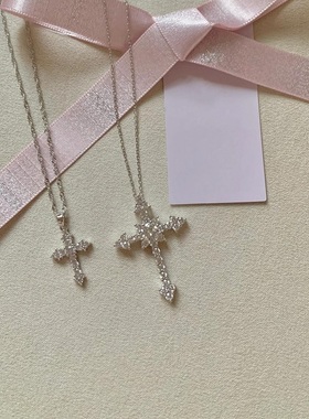 S925纯银十字架项链超闪锆石镶满碳钻轻奢高端小众级感百搭锁骨颈