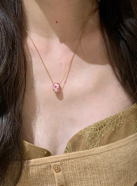 S925纯银项链玫瑰庄园粉钻中古圆环路路通轻奢高端小众级感锁骨颈