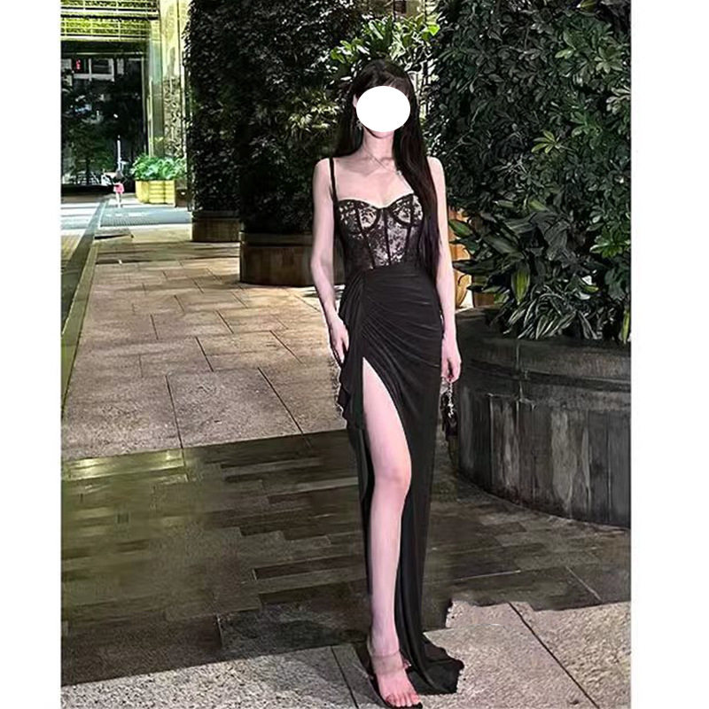 性感吊带V领露背蕾丝礼服轻奢高端小众级气质名媛晚宴开叉连衣裙