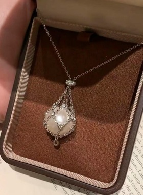 法式复中古网兜笼珍珠S925纯银项链轻奢小众高端级设计感锁骨颈链