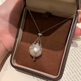 法式复中古网兜笼珍珠S925纯银项链轻奢小众高端级设计感锁骨颈链