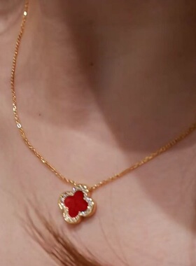 S925纯银项链天然红玉髓四叶草花朵戒指耳环轻奢高端小众级感颈链