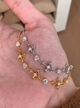 S925纯银手链碳钻鸢尾花十字架复古精致轻奢高端小众级感气质环潮