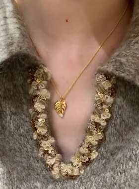 S925纯银项链镶碳钻锆石复中古龟背竹树叶轻奢高端小众级设计感颈