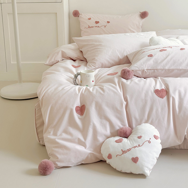 【富山草莓】ins少女小爱心全棉水洗棉四件套公主风纯棉床单被套