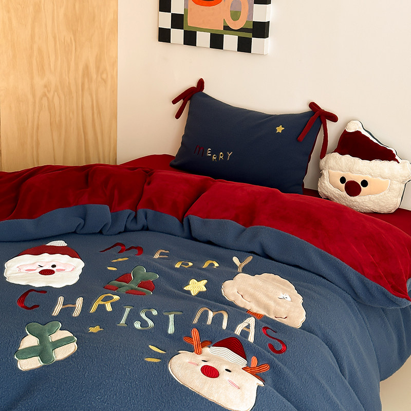 【富山草莓】冬季卡通圣诞节老人加厚仿羊绒四件套保暖牛奶绒床单
