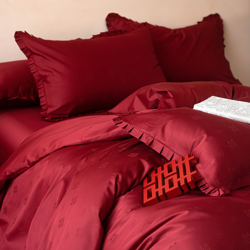【富山草莓】高级感婚庆小欢喜长绒棉四件套全棉纯棉红色结婚床单