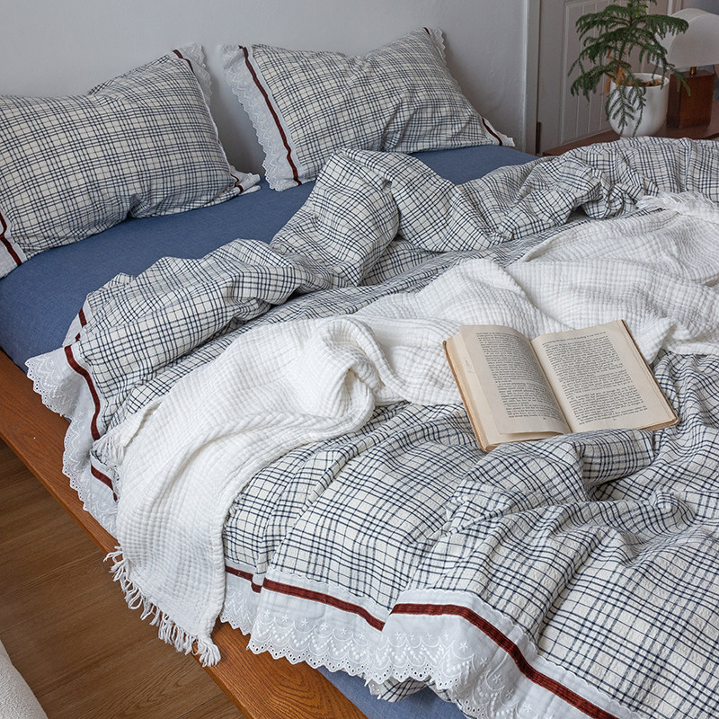 【富山草莓】韩式公主风格子全棉泡泡纱四件套纯棉花边被套床笠式