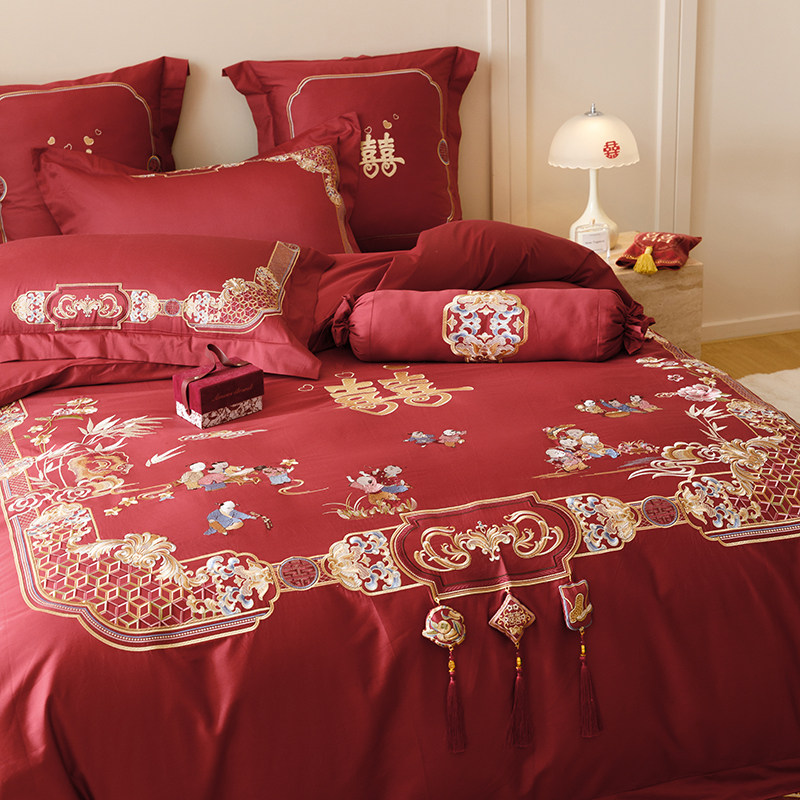 【富山草莓】中式婚庆百子贺喜长绒棉四件套纯棉全棉红色结婚床单