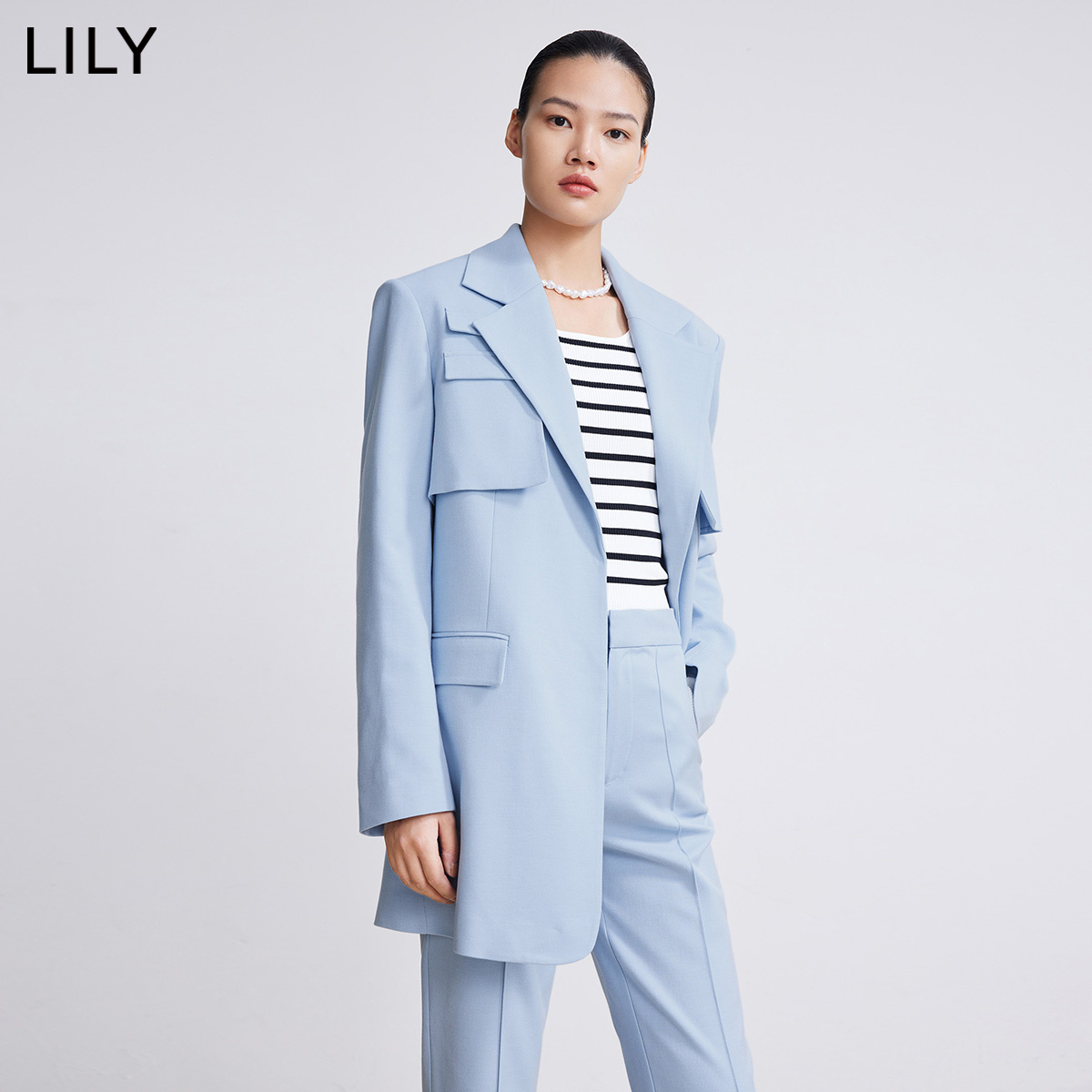 【商场同款】LILY2024春新款女装小众设计感腰链宽松中长西装外套