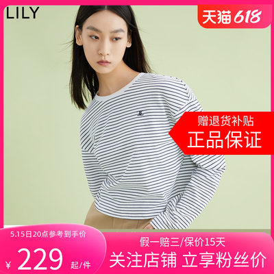 【商场同款】LILY2024春新款女装复古简洁条纹舒适全棉卫衣打底衫