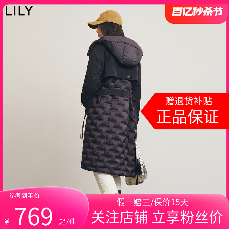 LILY2024春新款女装时尚通勤款复古双排扣宽松长款羽绒服大衣外套