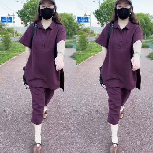 休闲翻领三粒扣大版T恤套装夏女
