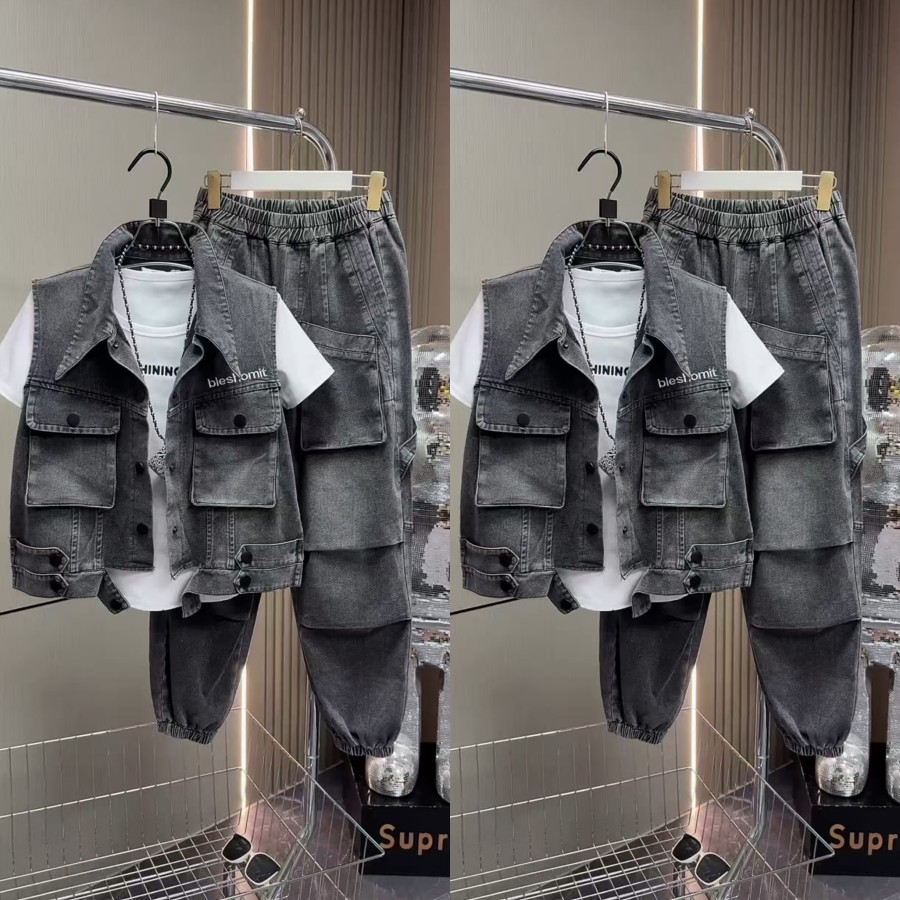 欧货牛仔马甲工装裤重工两件套秋