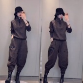 冬新款 加绒套装 酷帅休闲宽松两件套 豹纹半拉链卫衣哈伦裤 欧货个性