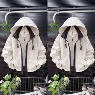 欧货休闲百搭洋气高品质二棉外套2026早春新款拼接拉链连帽抽绳女