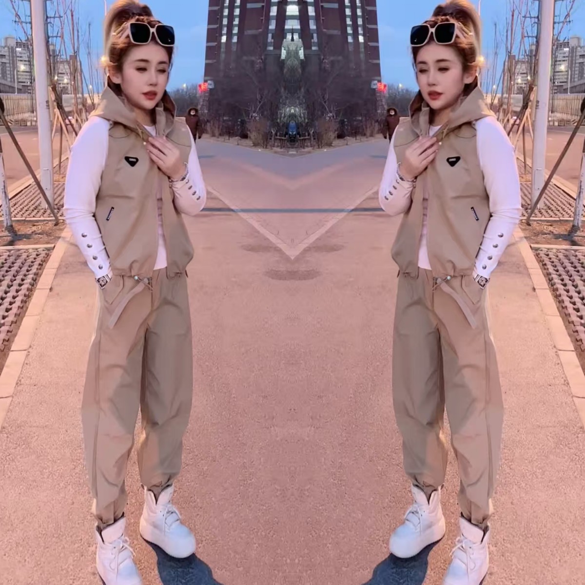 工装风三角标马甲裤子两件套春夏