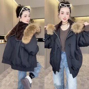 欧货大毛领天使之翼派克服2025秋冬新款休闲宽松牛角扣韩范棉服女