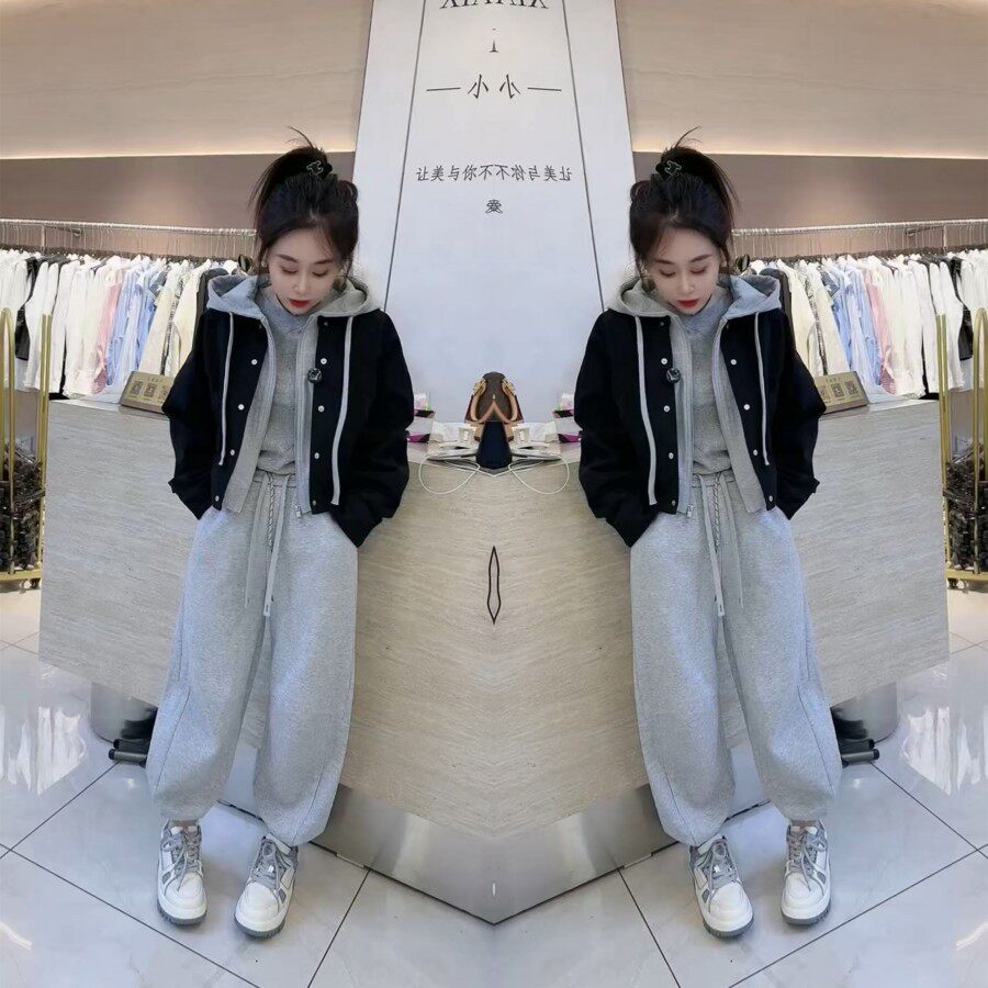韩系时尚软牛仔假两件连帽短外套2026春季新款日常休闲洋气百搭款