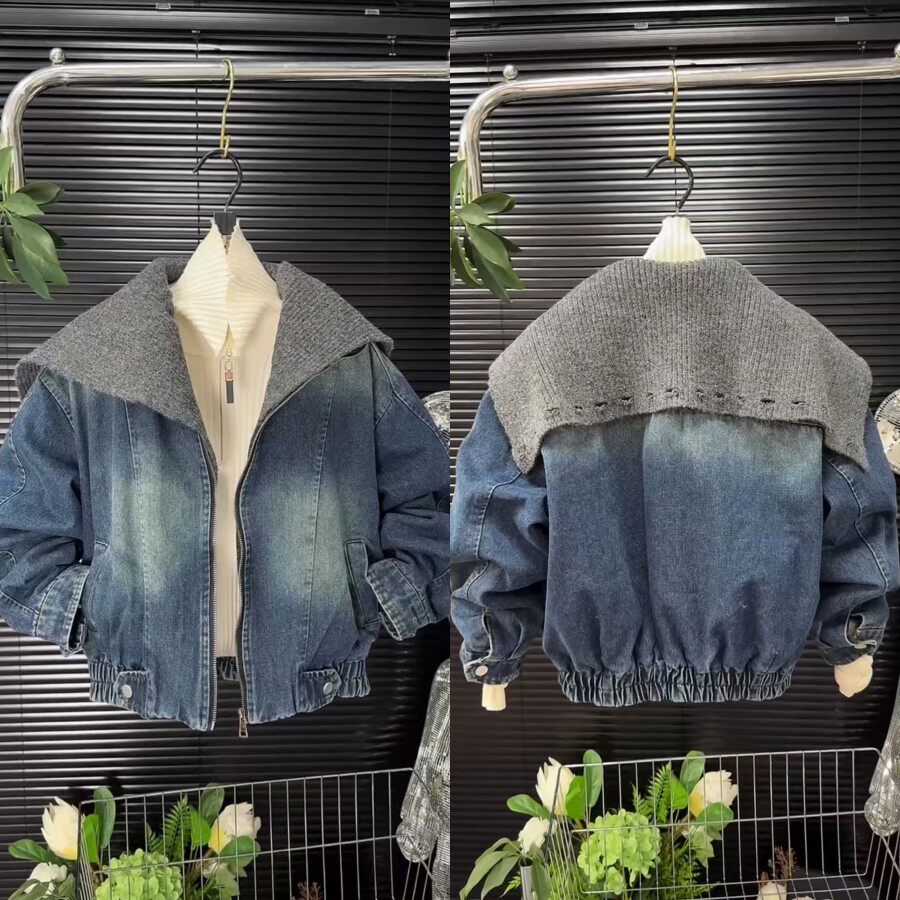 个性时髦拼接针织领牛仔外套2026春季新款时尚减龄休闲宽松百搭女