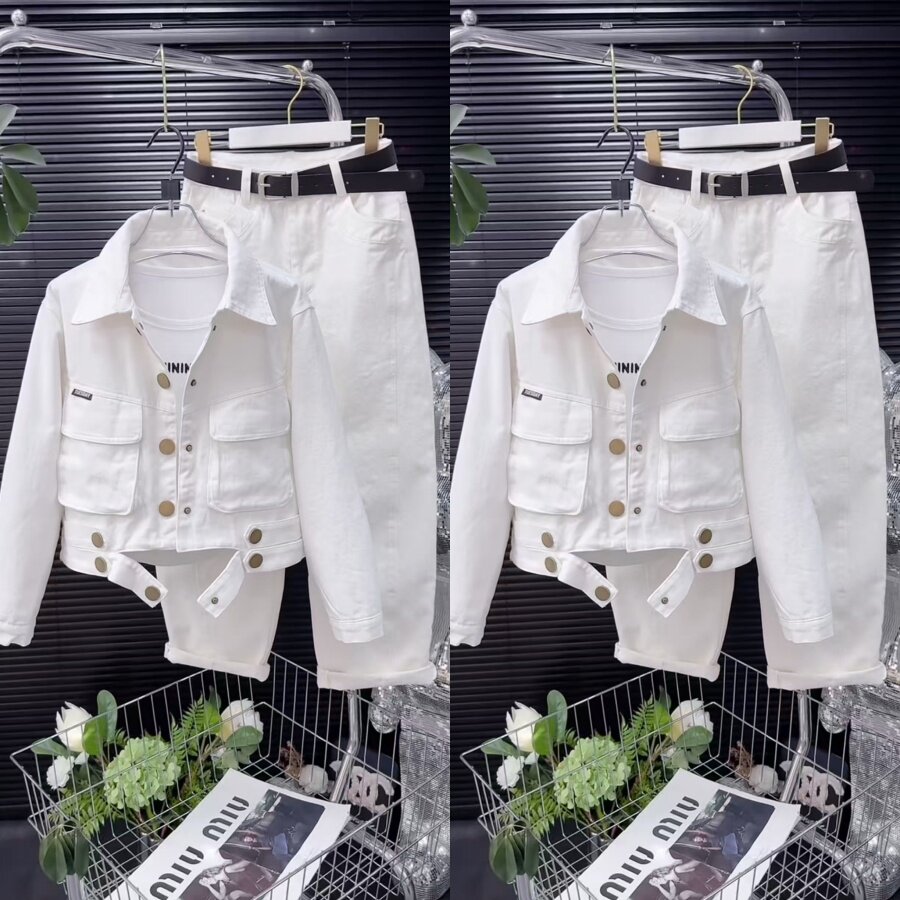 617百搭牛仔水洗休闲外套老爹裤套装2026春季新款双兜多扣两件套