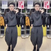 休闲显瘦个性 秋冬新款 酷帅 套装 欧货潮牌加绒条纹半拉链卫衣哈伦裤