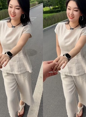 气质时尚简约侧扣麻衫八分麻裤套装2026夏季新款收腰显瘦两件套女