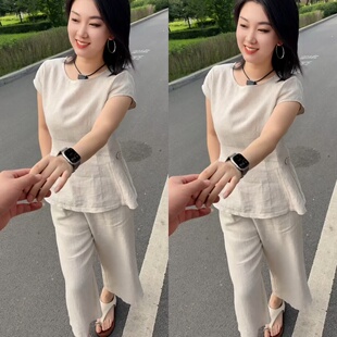 气质时尚简约侧扣麻衫八分麻裤套装2026夏季新款收腰显瘦两件套女